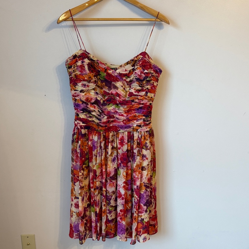Lauren Ralph Lauren Gathered Georgette‎ Corset Pleated Dress Petunia Size 12